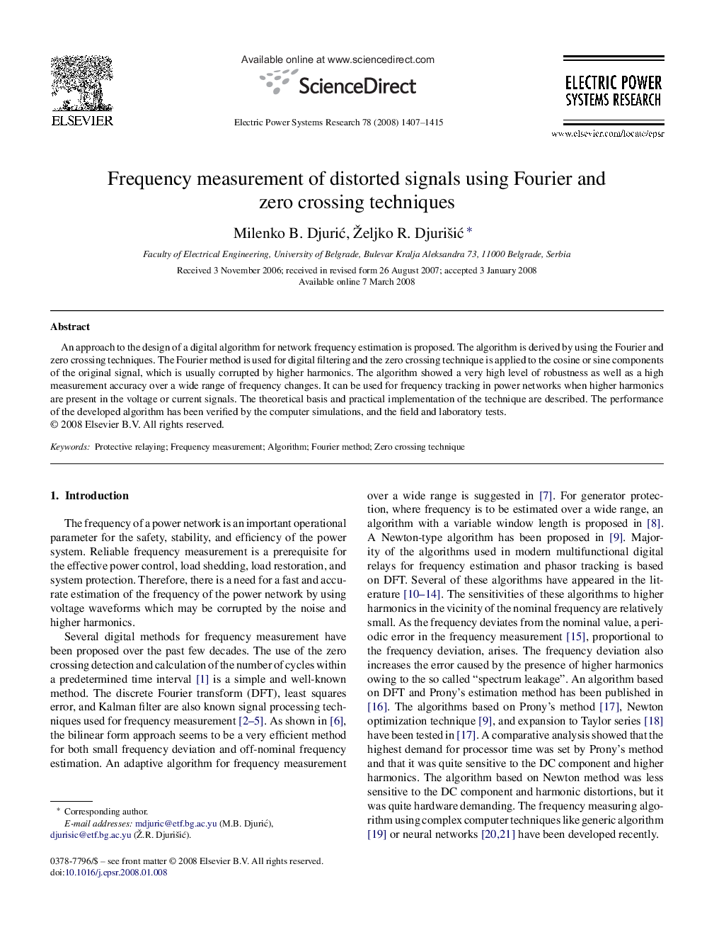 Frequency measurement of distorted signals using Fourier and zero crossing techniques