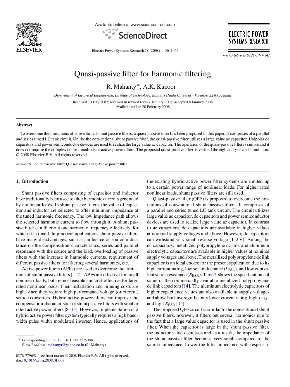 Quasi-passive filter for harmonic filtering