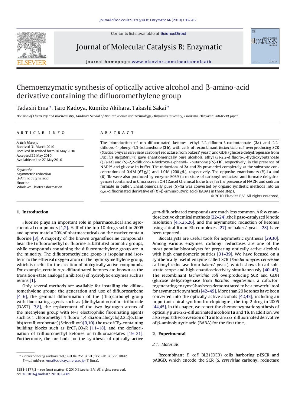 Chemoenzymatic synthesis of optically active alcohol and β-amino-acid derivative containing the difluoromethylene group