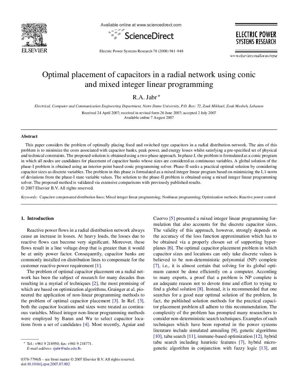 Optimal placement of capacitors in a radial network using conic and mixed integer linear programming