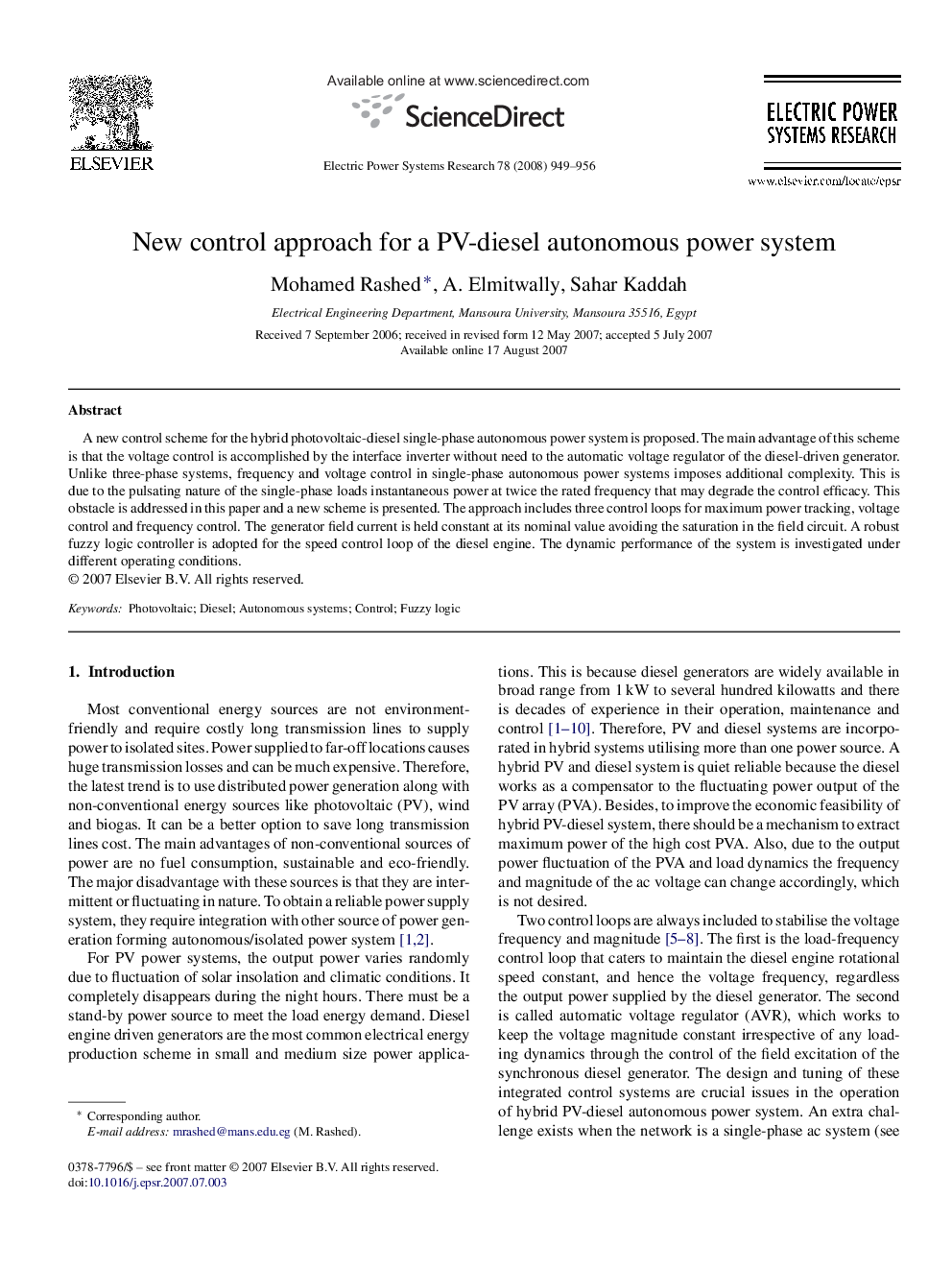 New control approach for a PV-diesel autonomous power system