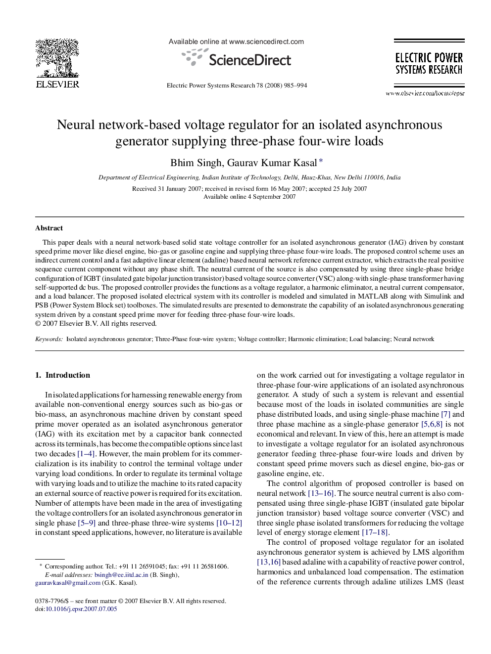 Neural network-based voltage regulator for an isolated asynchronous generator supplying three-phase four-wire loads