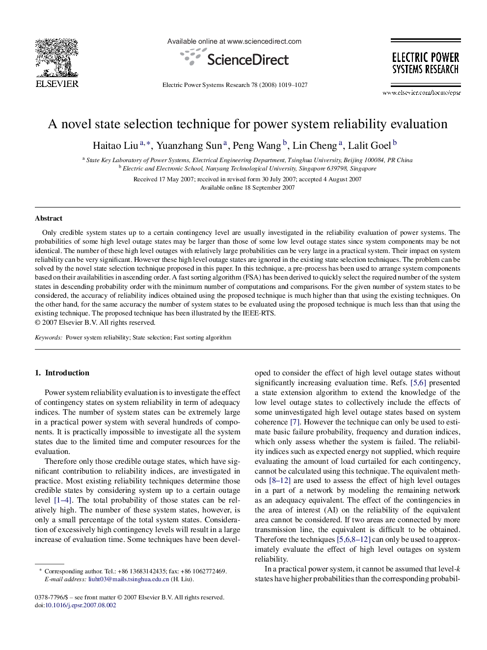 A novel state selection technique for power system reliability evaluation