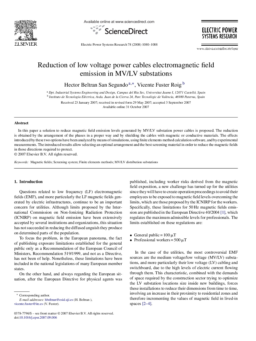 Reduction of low voltage power cables electromagnetic field emission in MV/LV substations