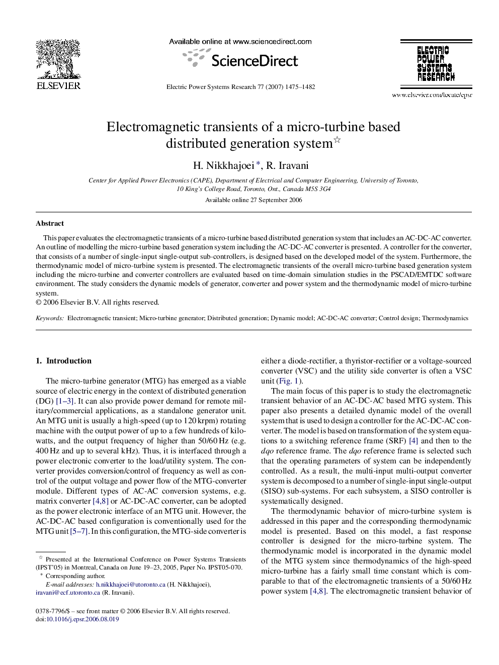 Electromagnetic transients of a micro-turbine based distributed generation system 