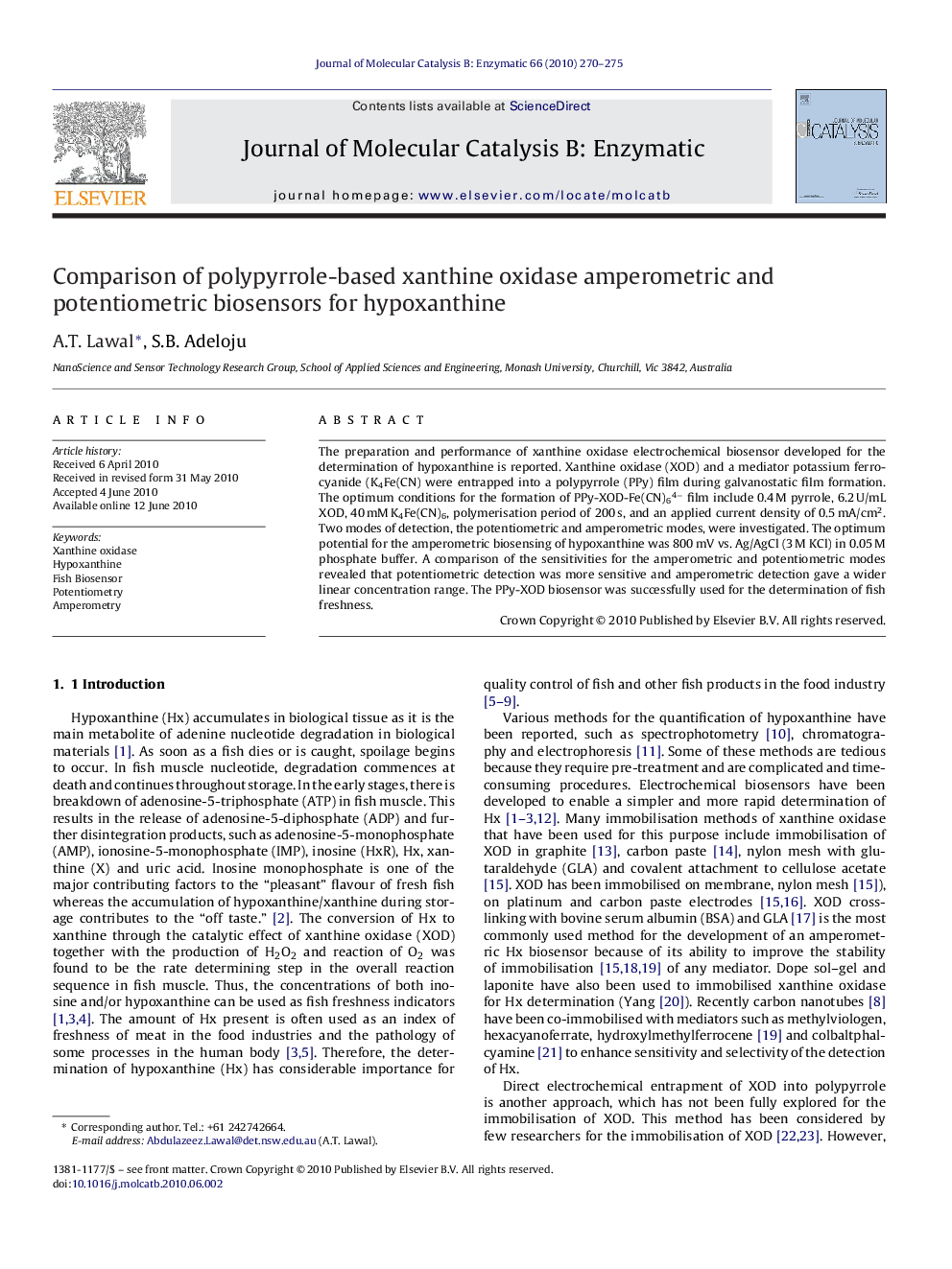 Comparison of polypyrrole-based xanthine oxidase amperometric and potentiometric biosensors for hypoxanthine