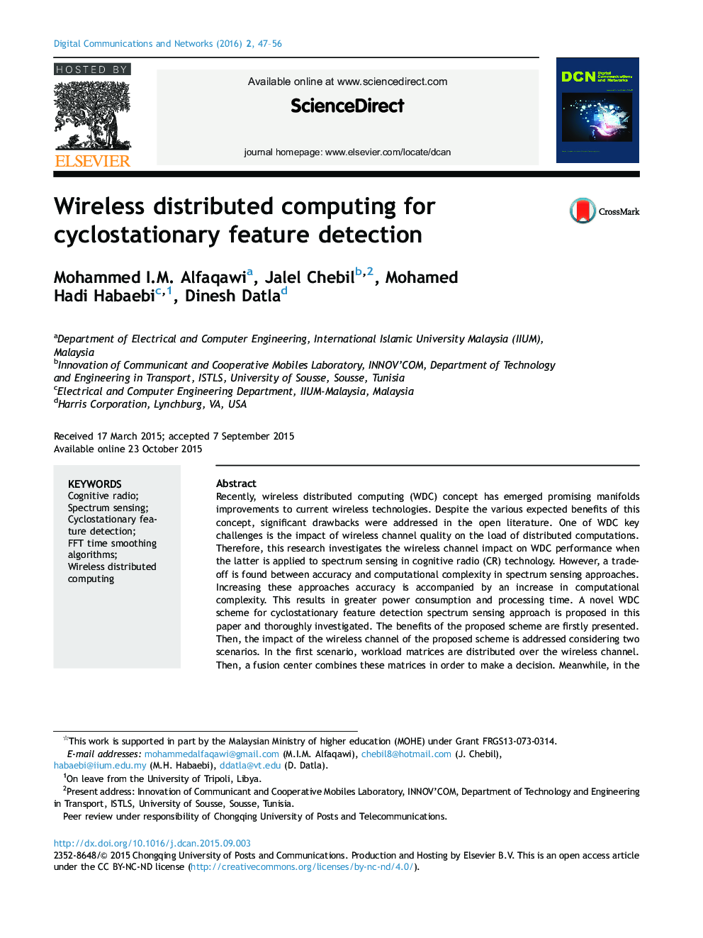 Wireless distributed computing for cyclostationary feature detection 