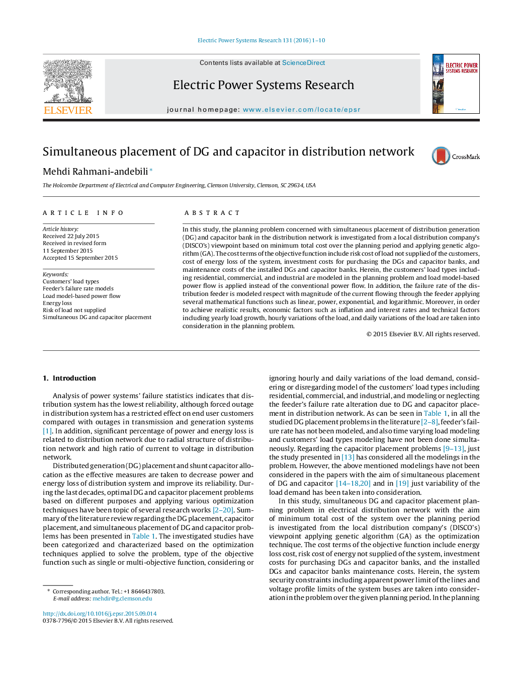 Simultaneous placement of DG and capacitor in distribution network