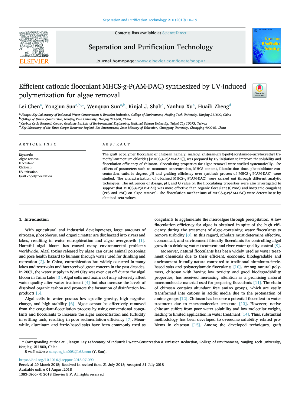 Efficient cationic flocculant MHCS-g-P(AM-DAC) synthesized by UV-induced polymerization for algae removal