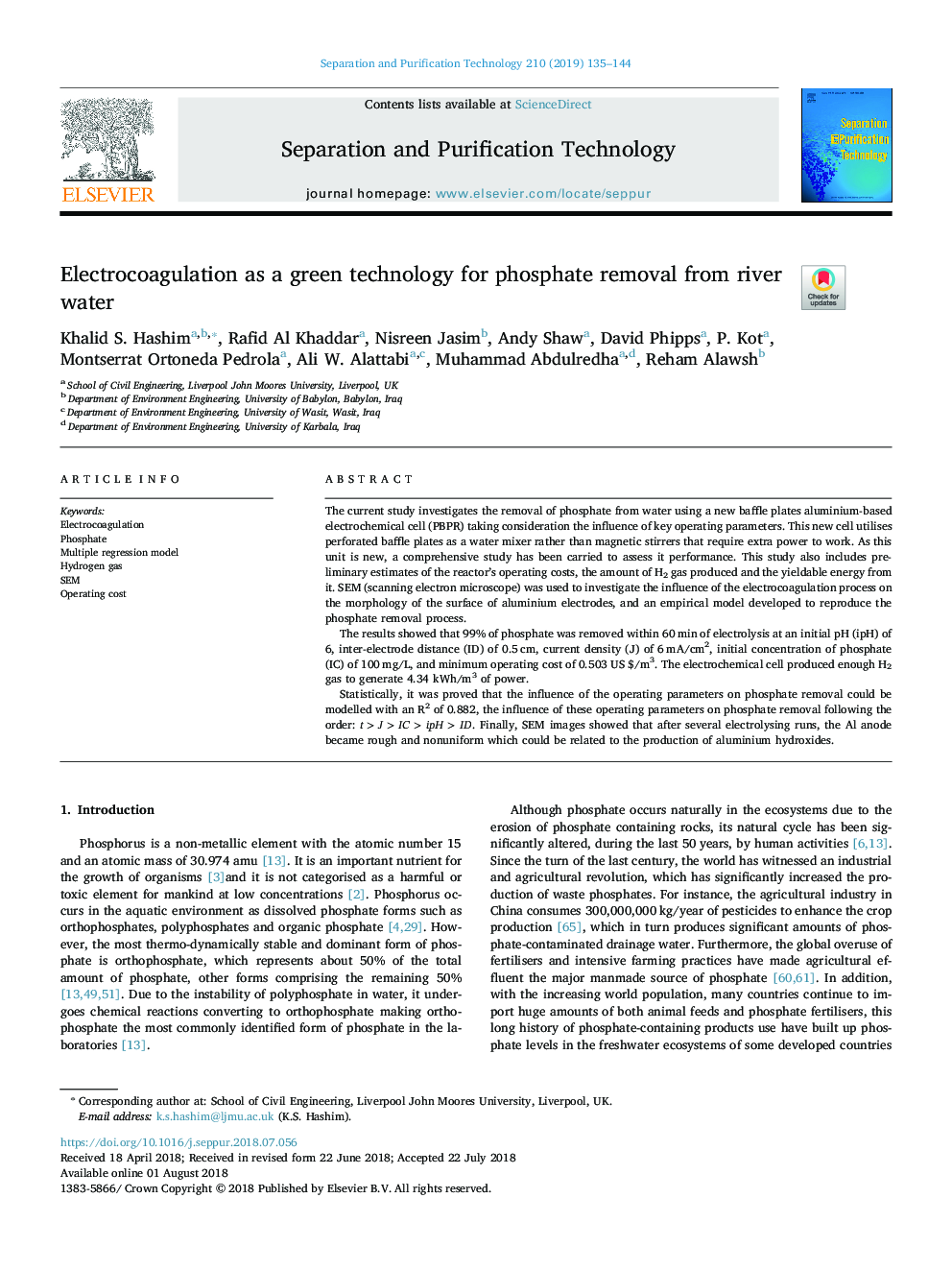 Electrocoagulation as a green technology for phosphate removal from river water