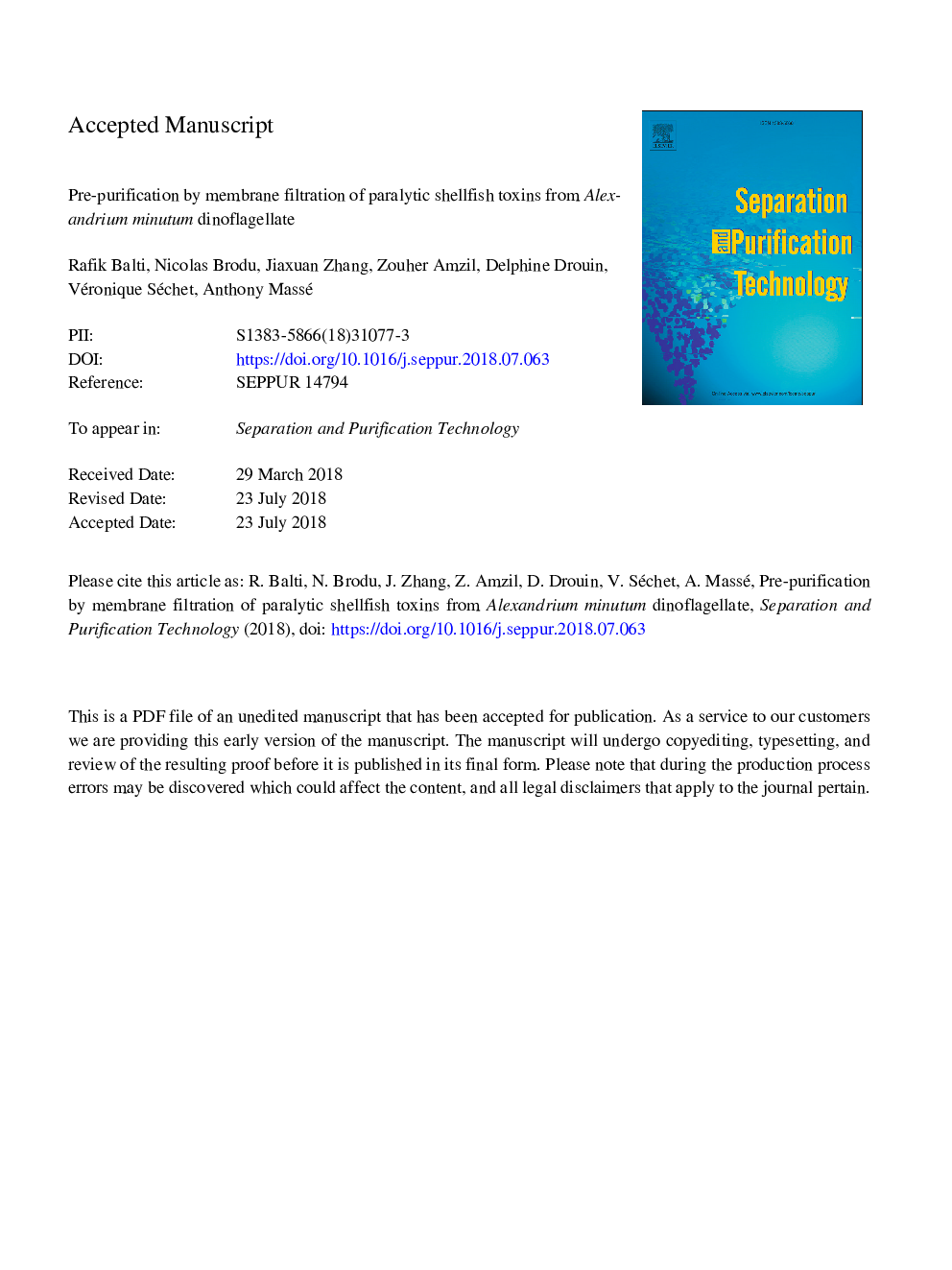 Pre-purification by membrane filtration of paralytic shellfish toxins from Alexandrium minutum dinoflagellate