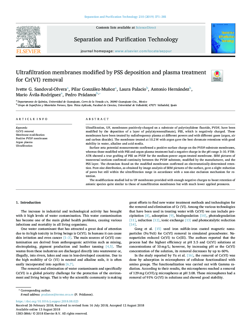 Ultrafiltration membranes modified by PSS deposition and plasma treatment for Cr(VI) removal