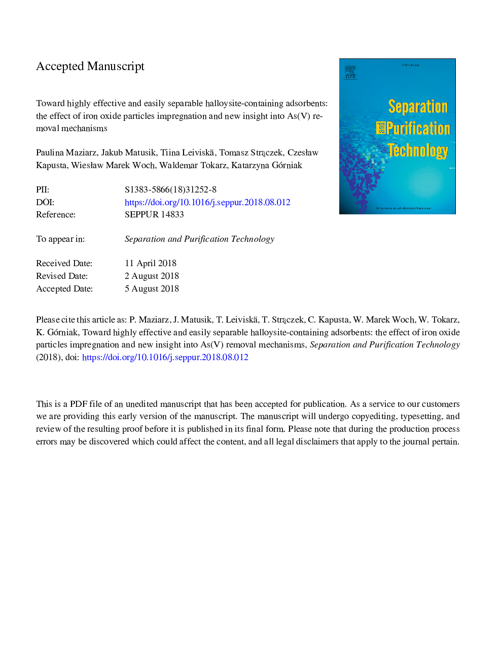 Toward highly effective and easily separable halloysite-containing adsorbents: The effect of iron oxide particles impregnation and new insight into As(V) removal mechanisms