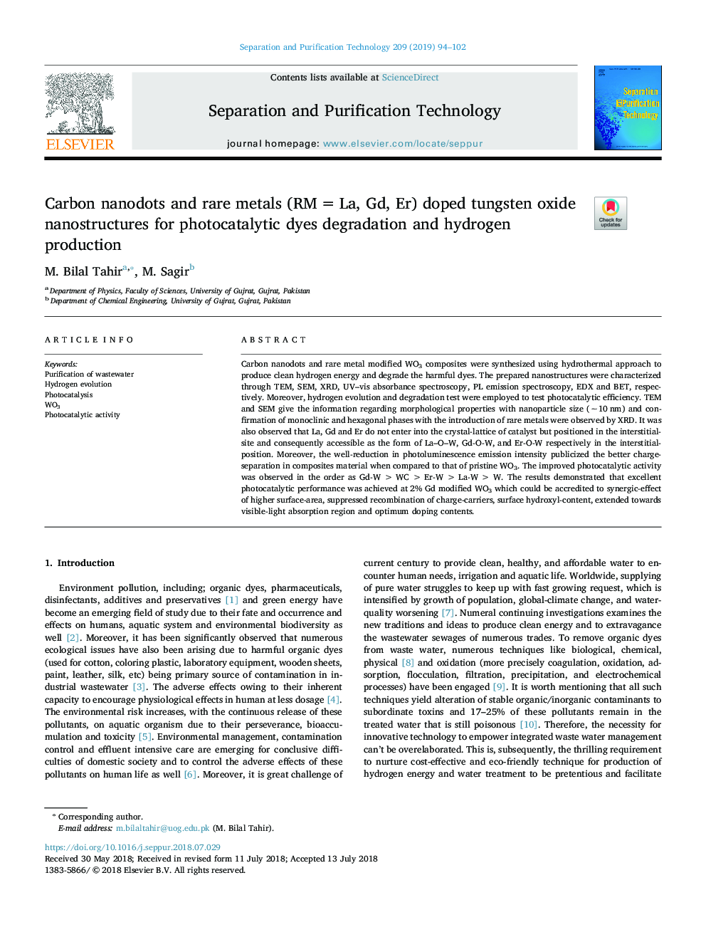 Carbon nanodots and rare metals (RMâ¯=â¯La, Gd, Er) doped tungsten oxide nanostructures for photocatalytic dyes degradation and hydrogen production