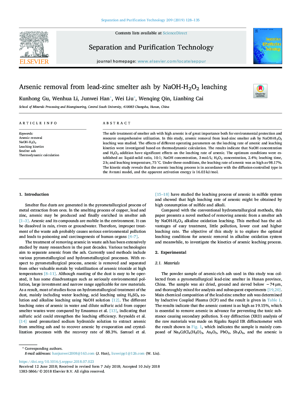 Arsenic removal from lead-zinc smelter ash by NaOH-H2O2 leaching