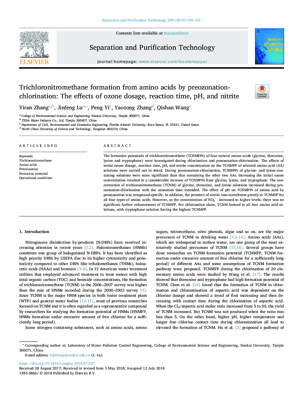 Trichloronitromethane formation from amino acids by preozonation-chlorination: The effects of ozone dosage, reaction time, pH, and nitrite