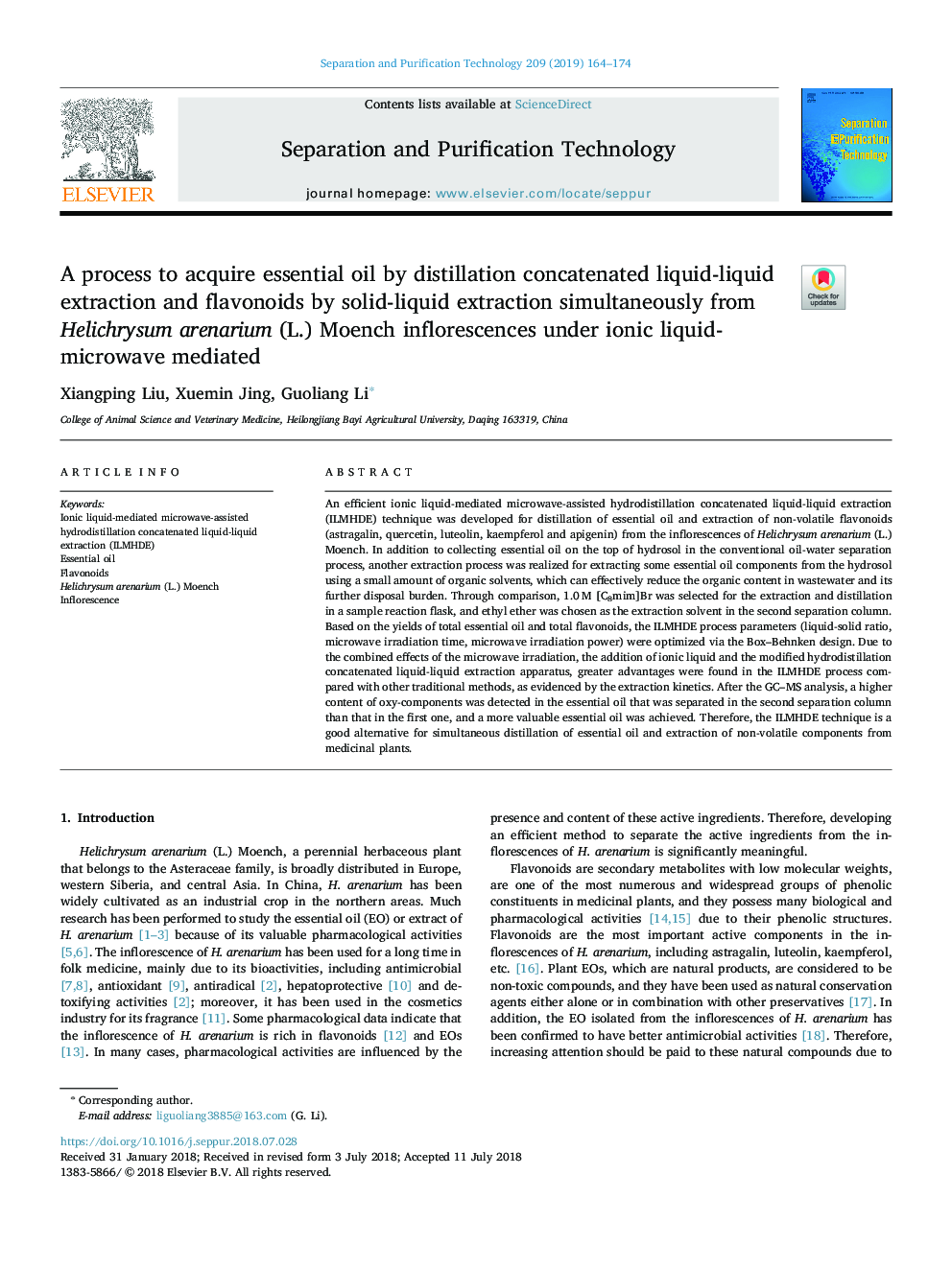 A process to acquire essential oil by distillation concatenated liquid-liquid extraction and flavonoids by solid-liquid extraction simultaneously from Helichrysum arenarium (L.) Moench inflorescences under ionic liquid-microwave mediated