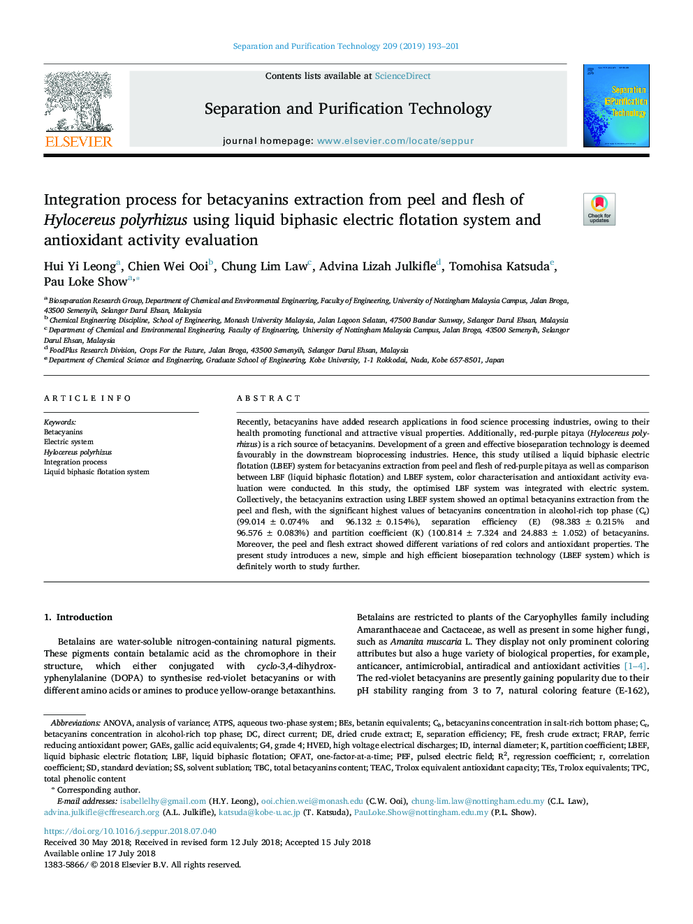 Integration process for betacyanins extraction from peel and flesh of Hylocereus polyrhizus using liquid biphasic electric flotation system and antioxidant activity evaluation