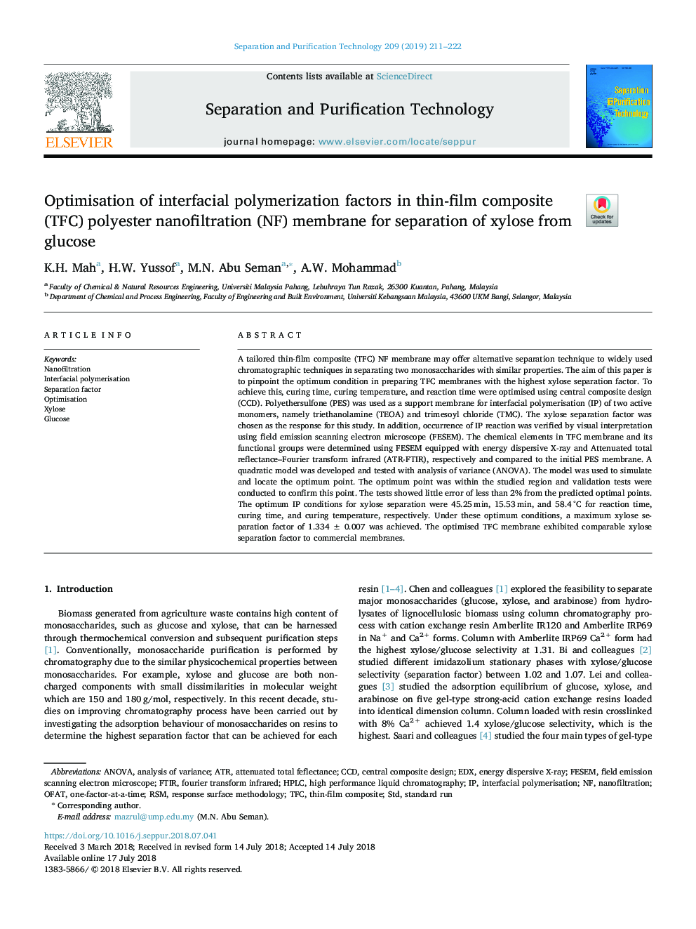 Optimisation of interfacial polymerization factors in thin-film composite (TFC) polyester nanofiltration (NF) membrane for separation of xylose from glucose