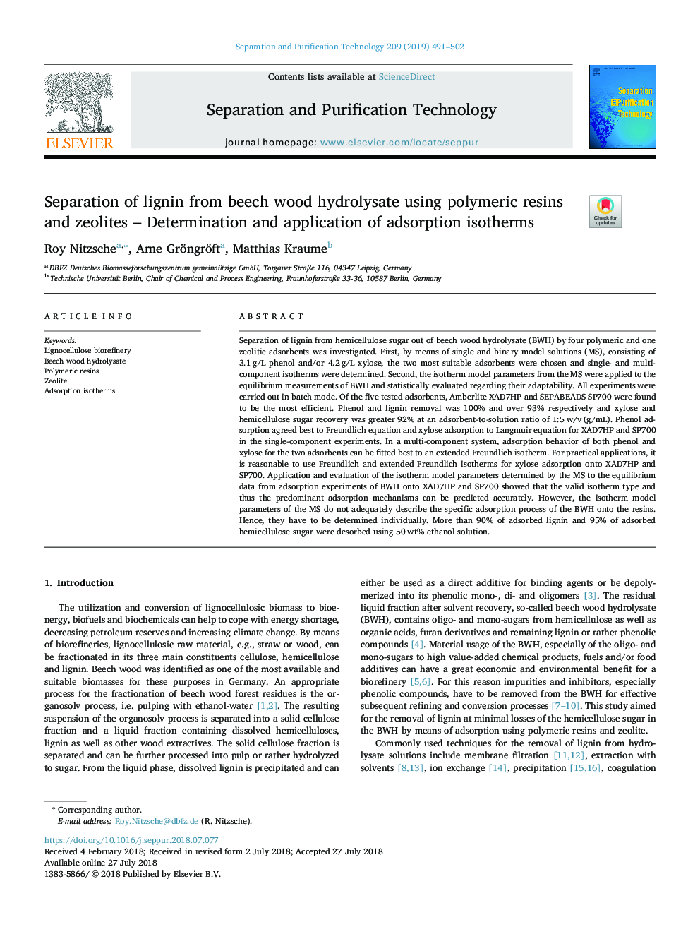 Separation of lignin from beech wood hydrolysate using polymeric resins and zeolites - Determination and application of adsorption isotherms