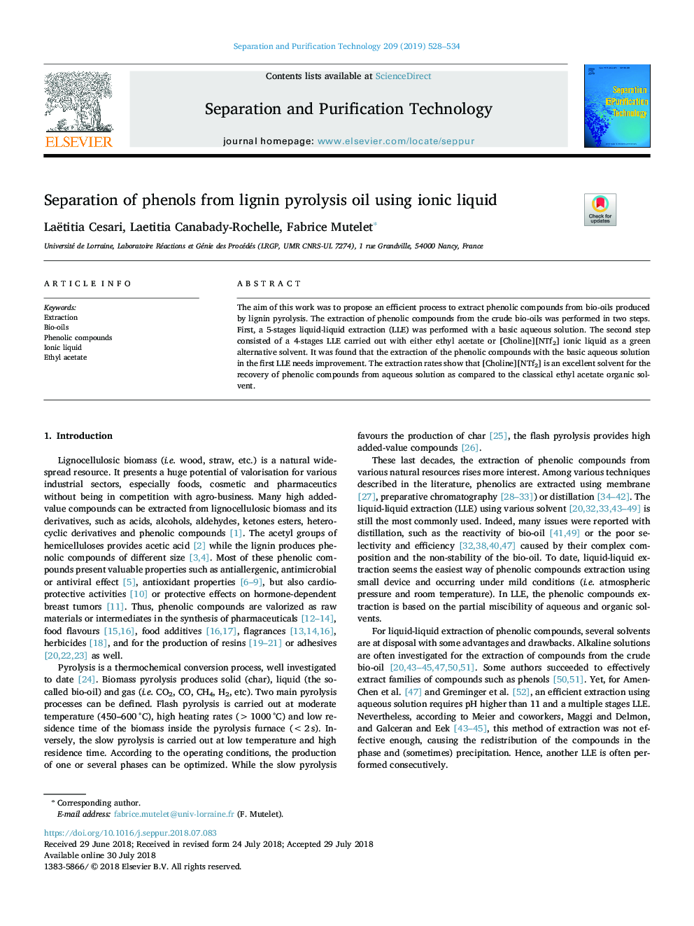 Separation of phenols from lignin pyrolysis oil using ionic liquid