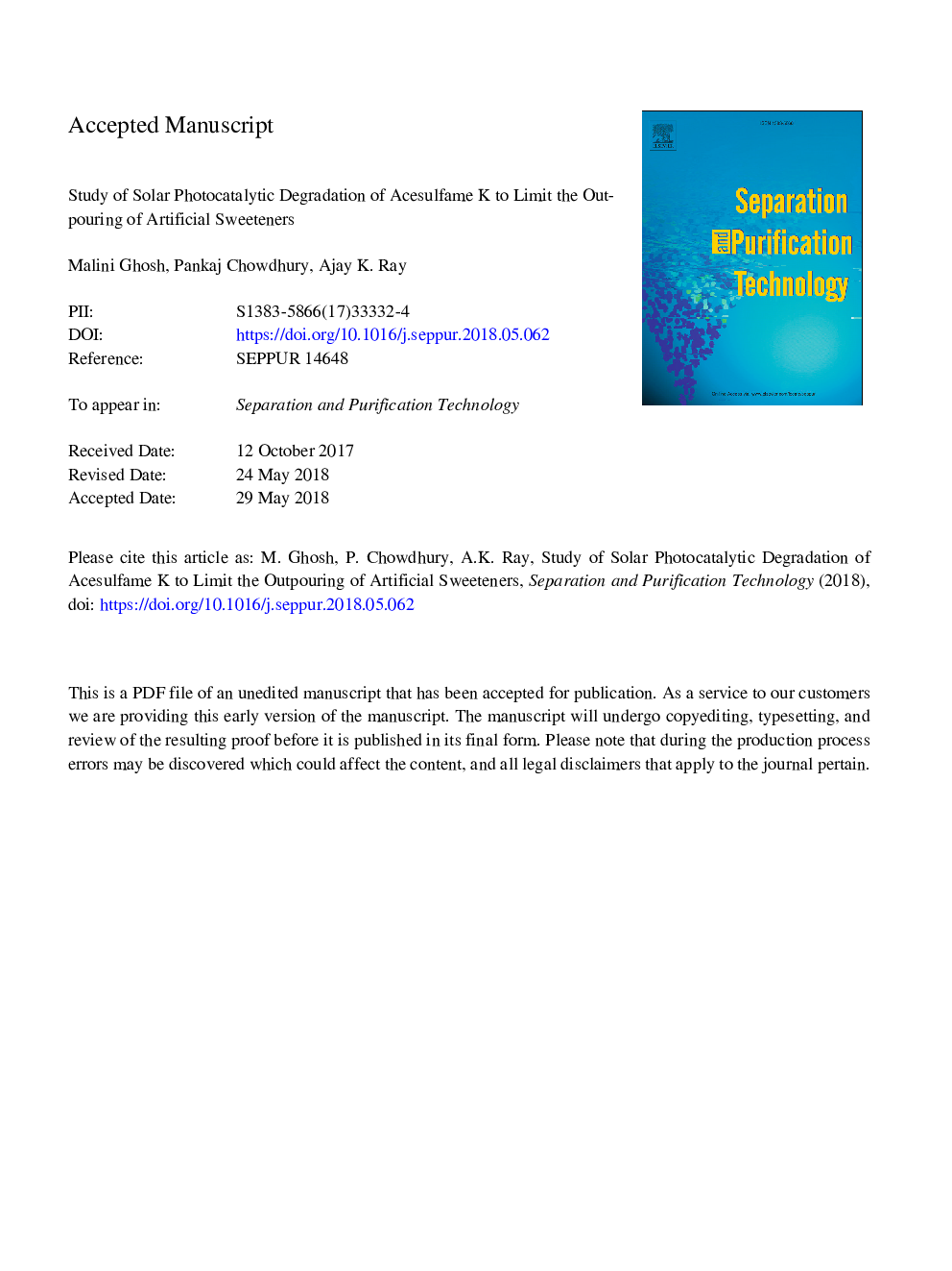 Study of solar photocatalytic degradation of Acesulfame K to limit the outpouring of artificial sweeteners