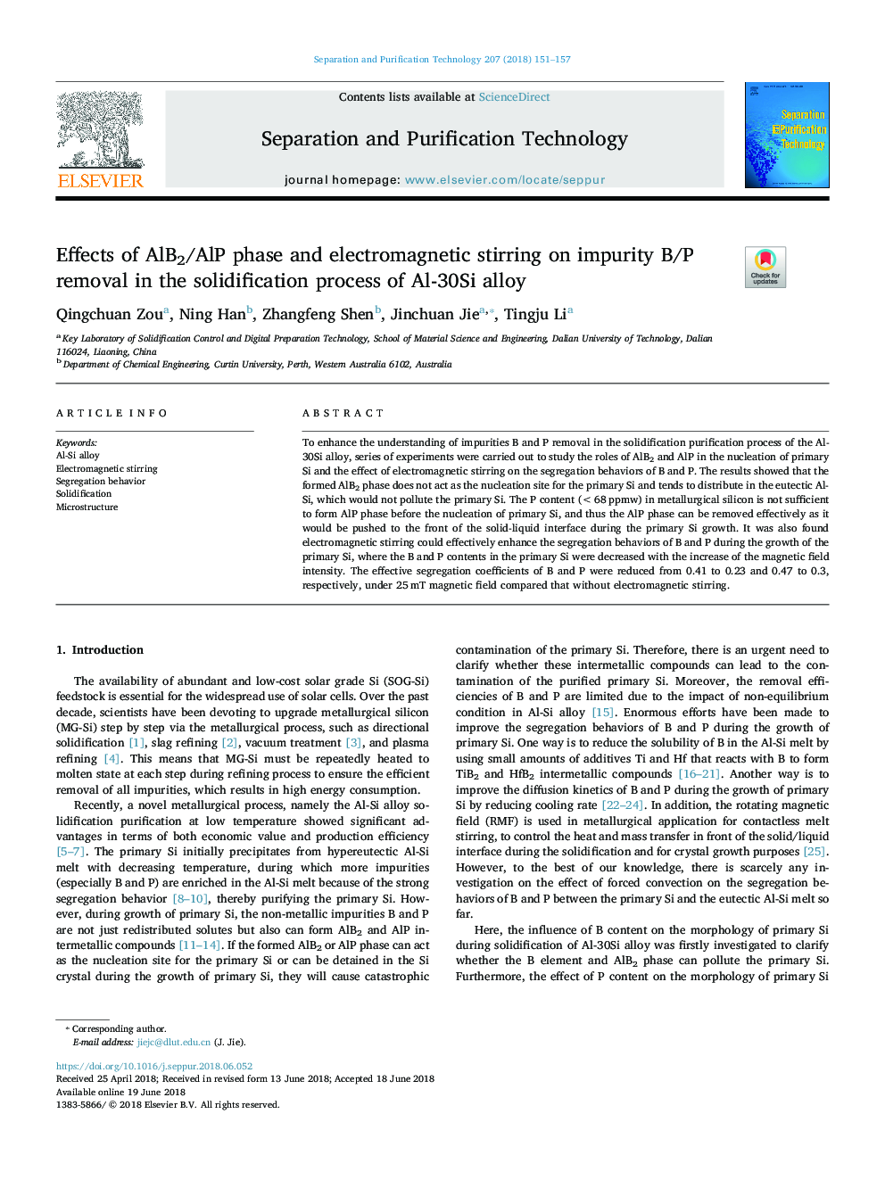 Effects of AlB2/AlP phase and electromagnetic stirring on impurity B/P removal in the solidification process of Al-30Si alloy