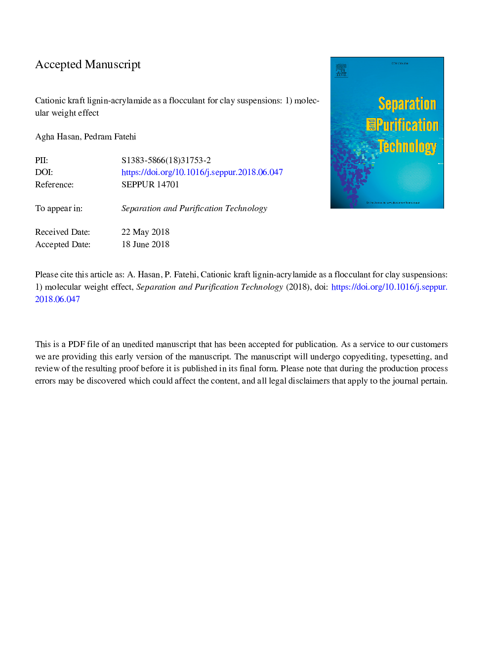 کاتیون کرافت لیگنین آکریل آمید به عنوان یک فلکشن برای رسوبات رس: 1. اثر وزن مولکولی 