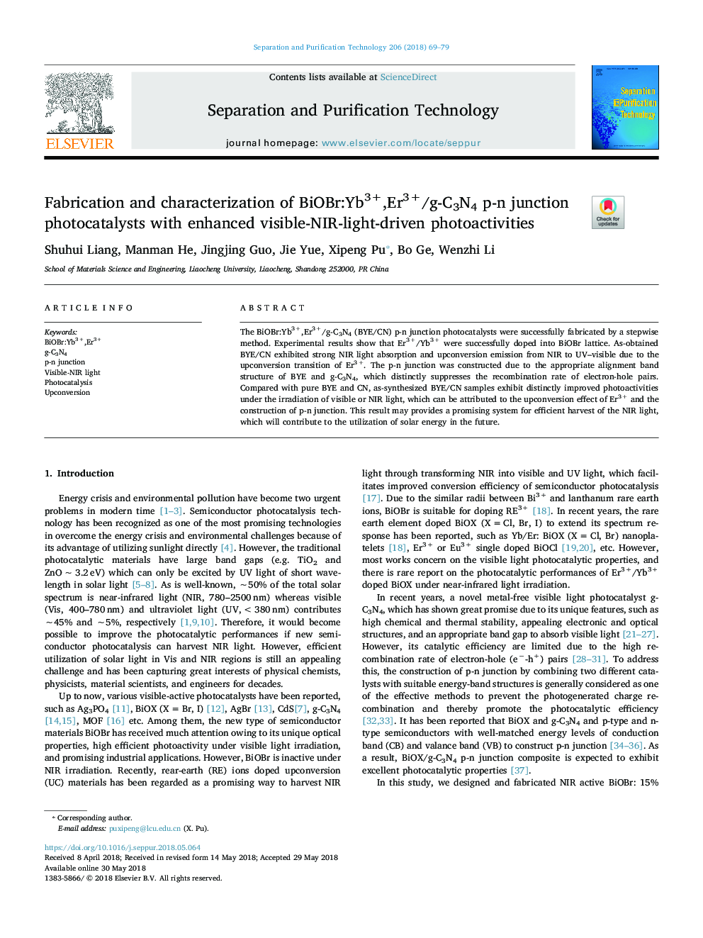 Fabrication and characterization of BiOBr:Yb3+,Er3+/g-C3N4 p-n junction photocatalysts with enhanced visible-NIR-light-driven photoactivities