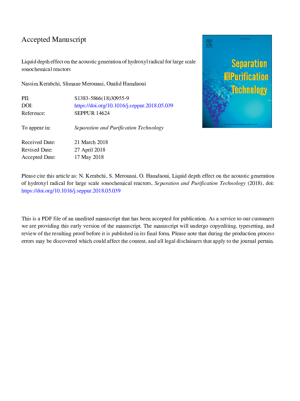 Liquid depth effect on the acoustic generation of hydroxyl radical for large scale sonochemical reactors