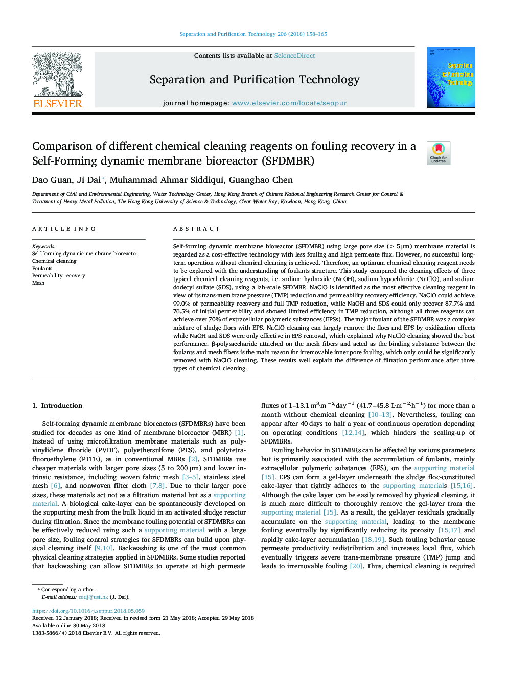 Comparison of different chemical cleaning reagents on fouling recovery in a Self-Forming dynamic membrane bioreactor (SFDMBR)