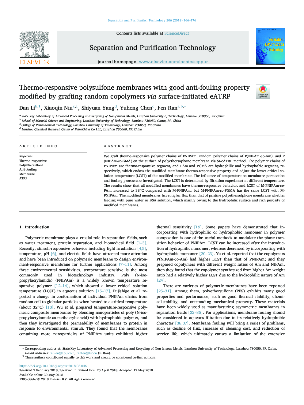 Thermo-responsive polysulfone membranes with good anti-fouling property modified by grafting random copolymers via surface-initiated eATRP