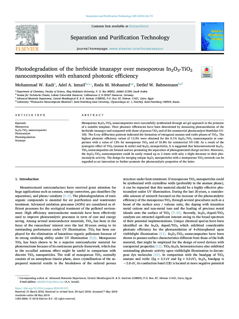 Photodegradation of the herbicide imazapyr over mesoporous In2O3-TiO2 nanocomposites with enhanced photonic efficiency