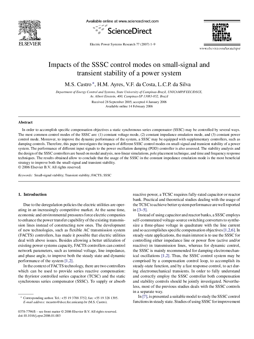 Impacts of the SSSC control modes on small-signal and transient stability of a power system