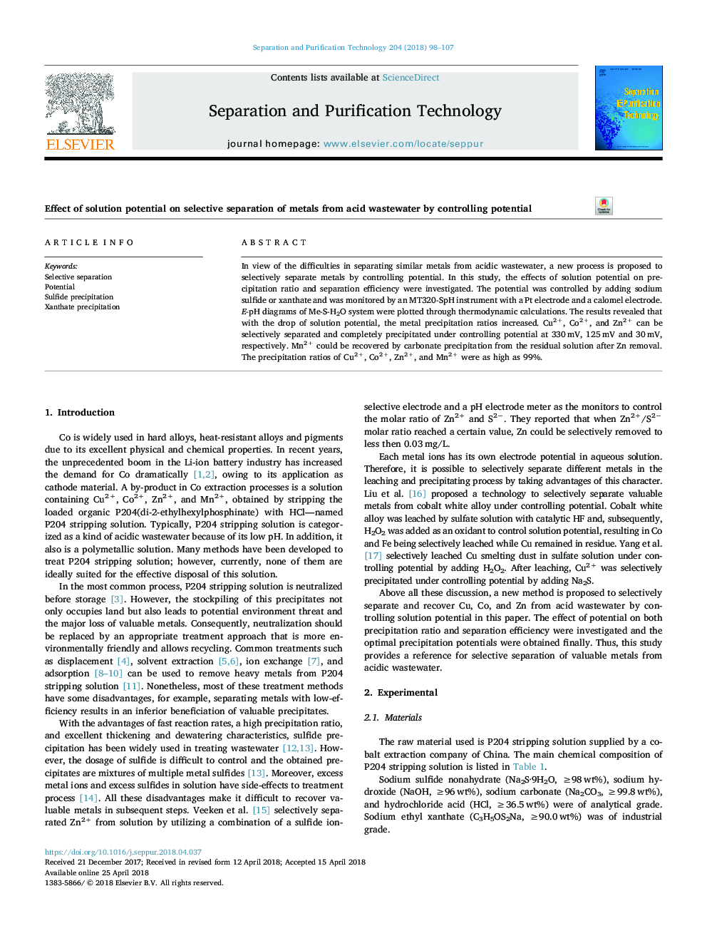 Effect of solution potential on selective separation of metals from acid wastewater by controlling potential