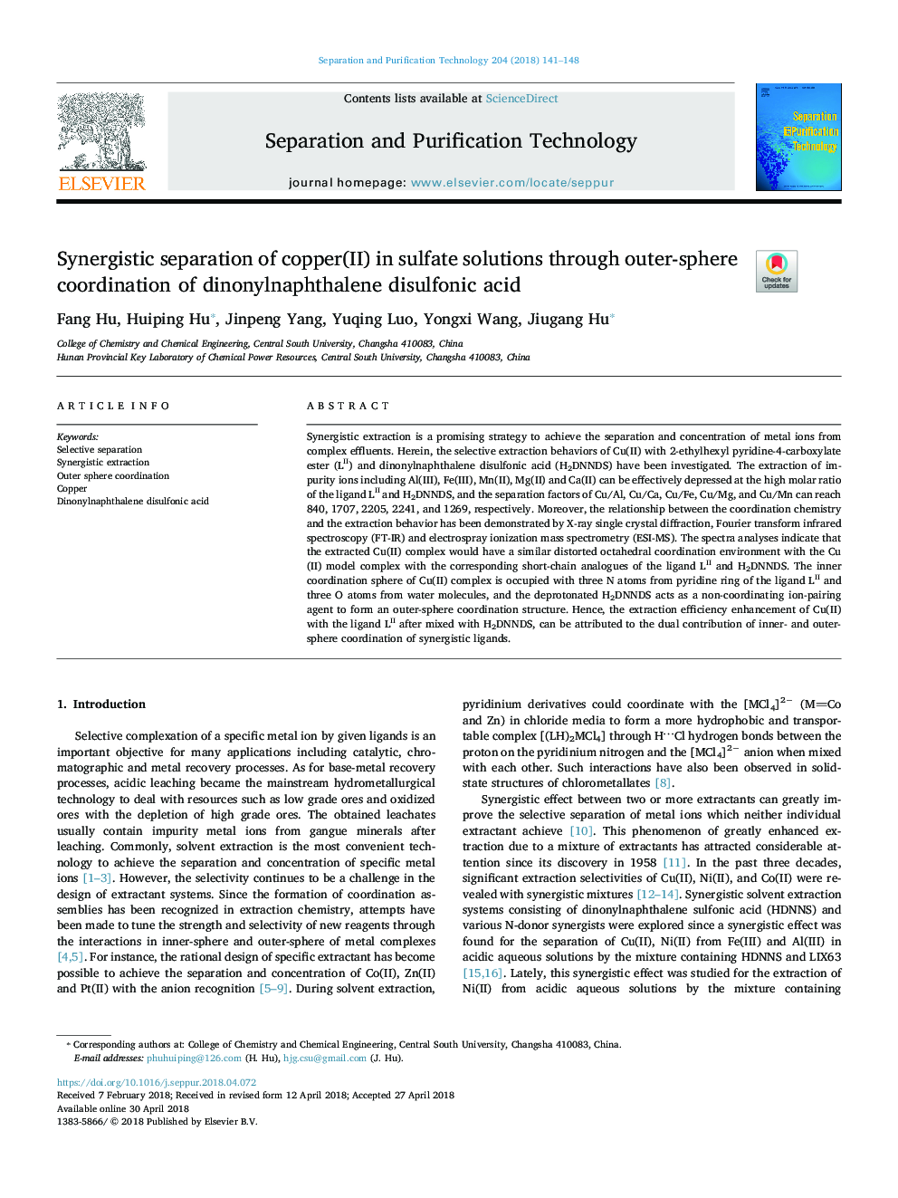 Synergistic separation of copper(II) in sulfate solutions through outer-sphere coordination of dinonylnaphthalene disulfonic acid