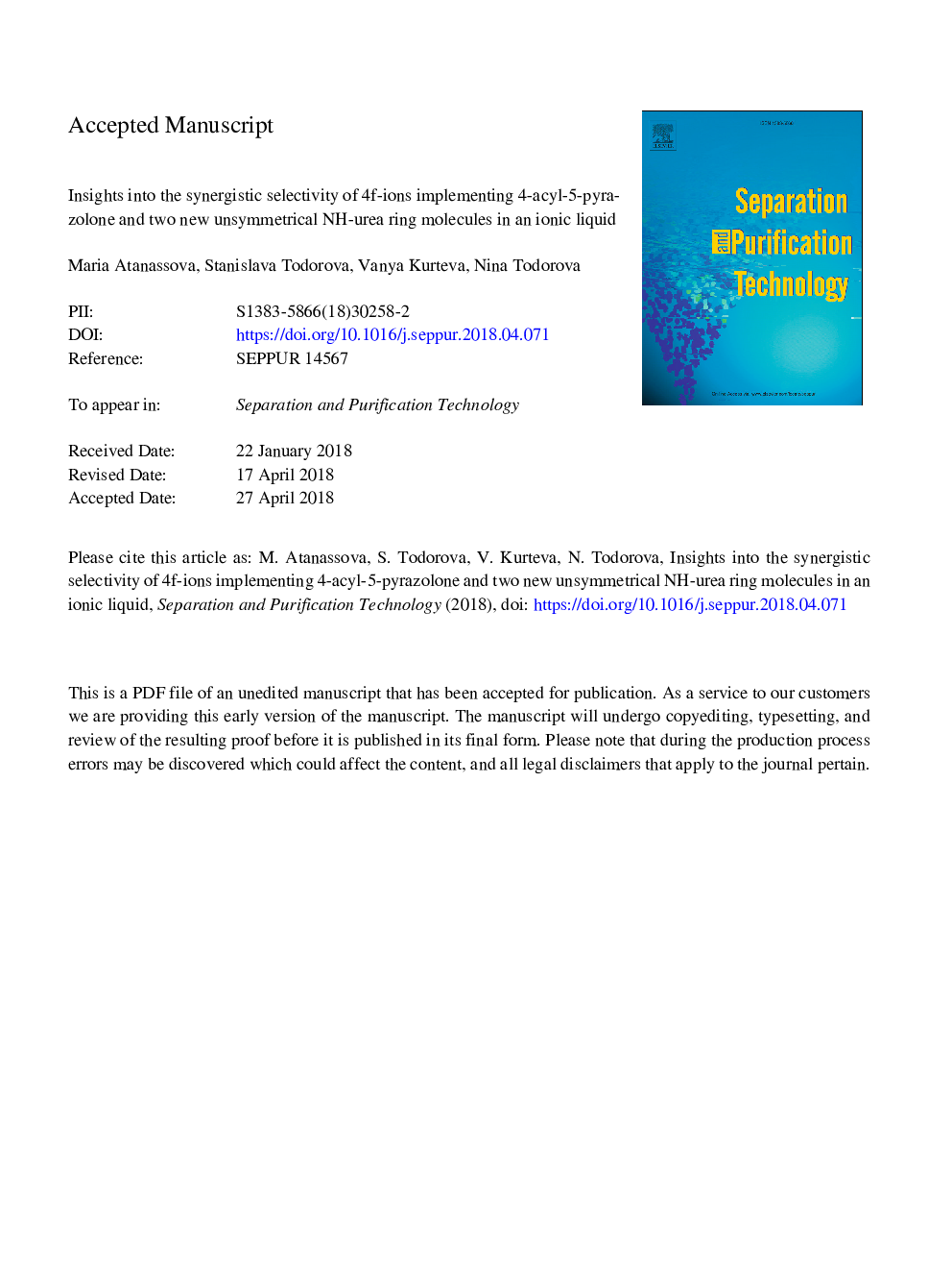 Insights into the synergistic selectivity of 4f-ions implementing 4-acyl-5-pyrazolone and two new unsymmetrical NH-urea containing ring molecules in an ionic liquid