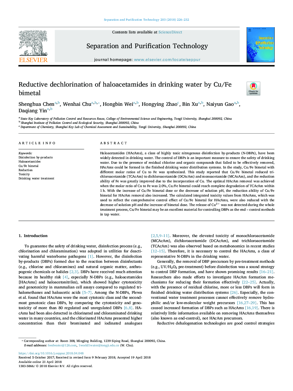 Reductive dechlorination of haloacetamides in drinking water by Cu/Fe bimetal