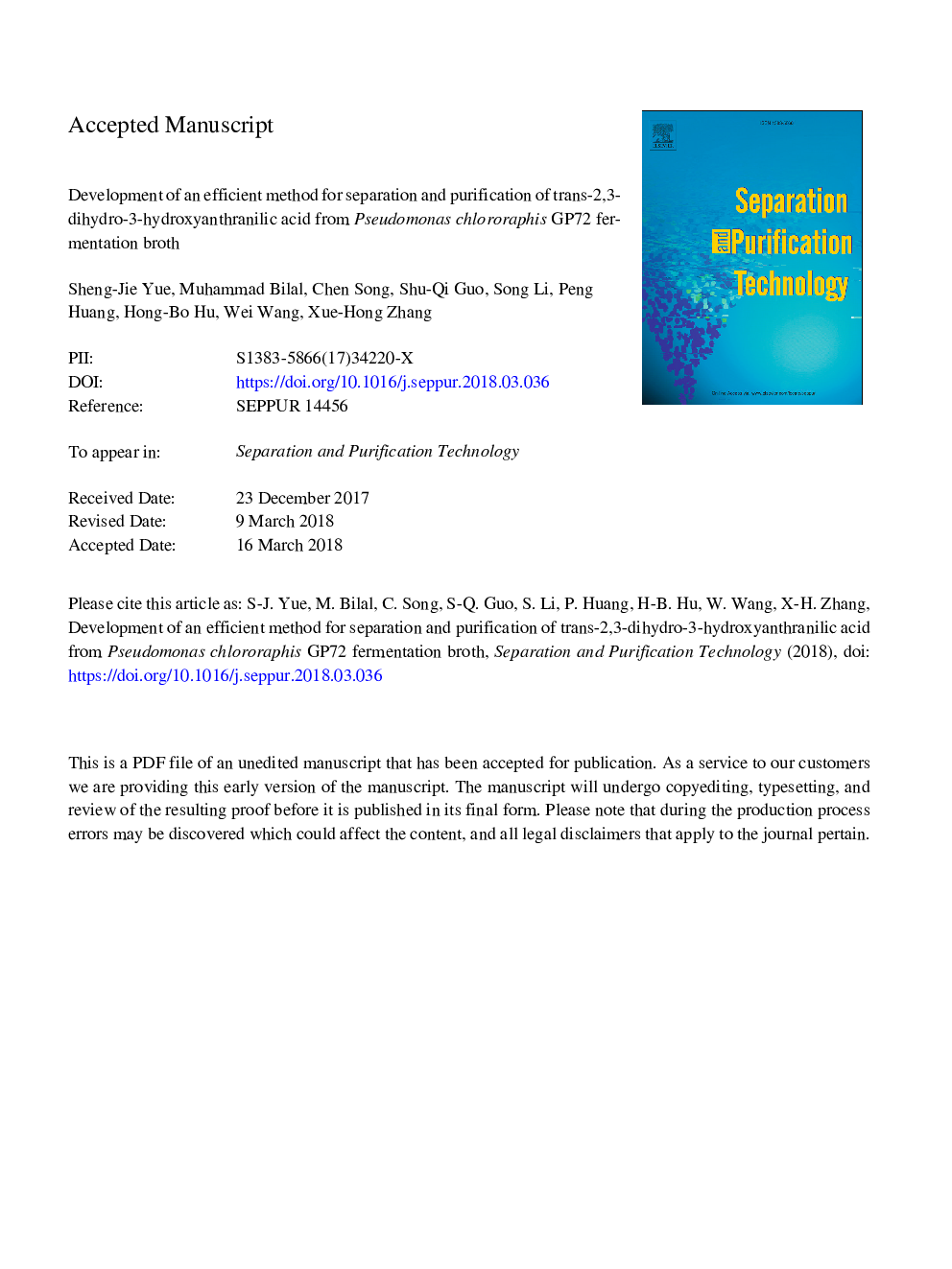 Development of an efficient method for separation and purification of trans-2,3-dihydro-3-hydroxyanthranilic acid from Pseudomonas chlororaphis GP72 fermentation broth