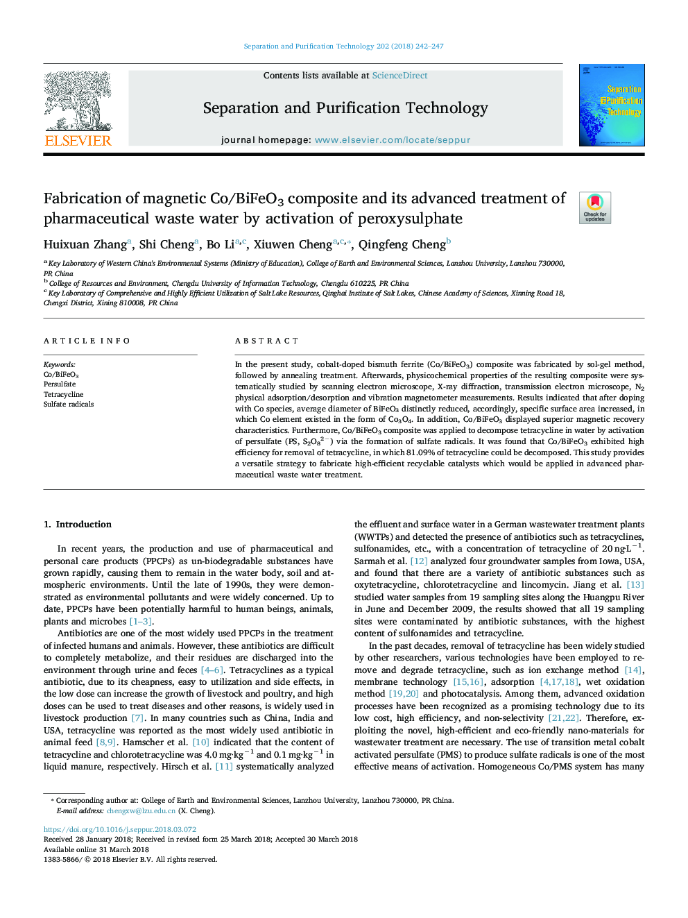 Fabrication of magnetic Co/BiFeO3 composite and its advanced treatment of pharmaceutical waste water by activation of peroxysulphate