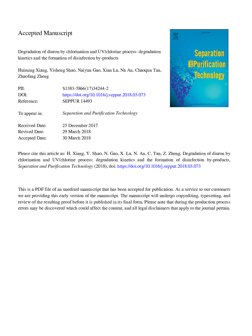 Degradation of diuron by chlorination and UV/chlorine process: Degradation kinetics and the formation of disinfection by-products