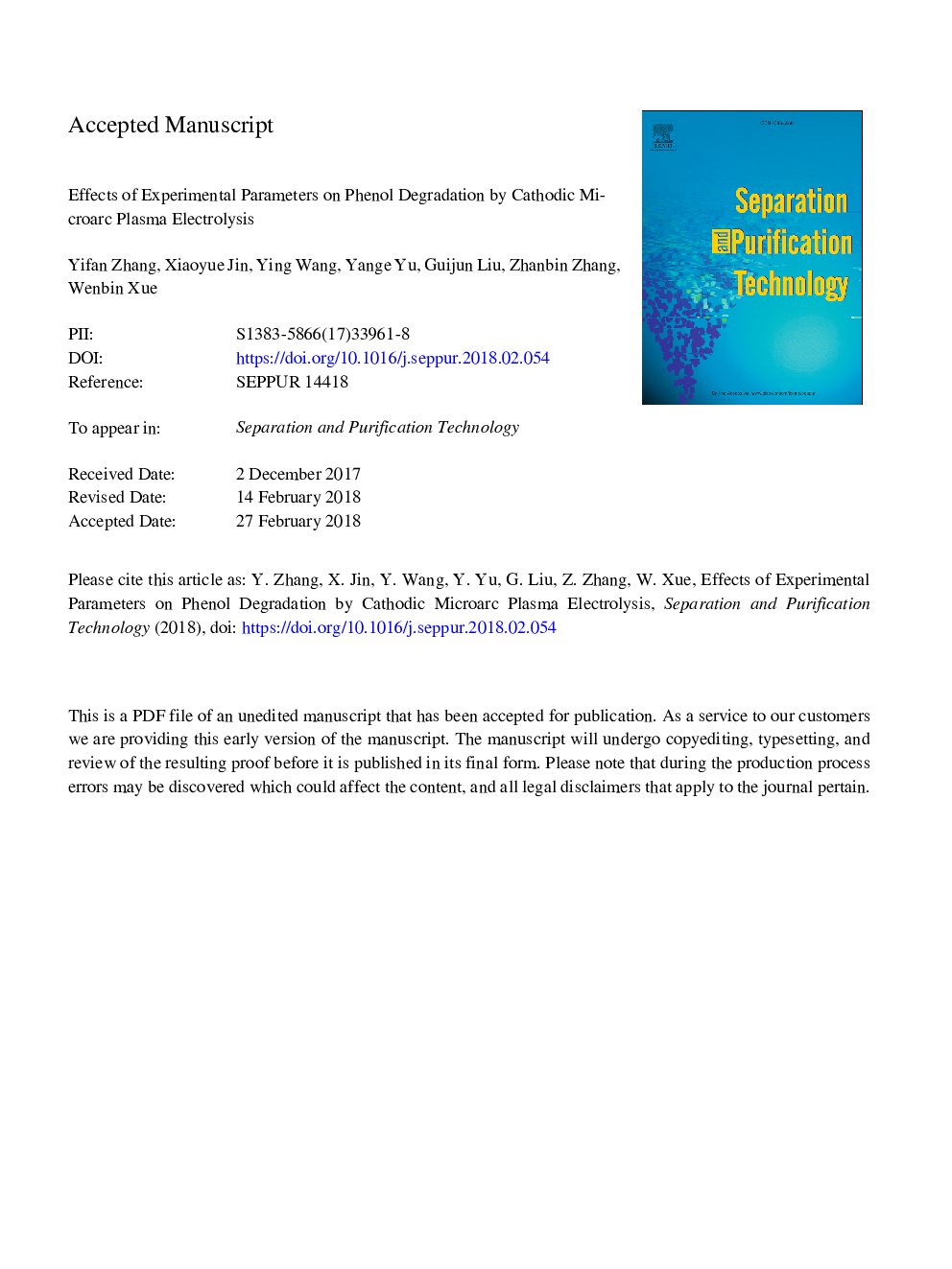 Effects of experimental parameters on phenol degradation by cathodic microarc plasma electrolysis