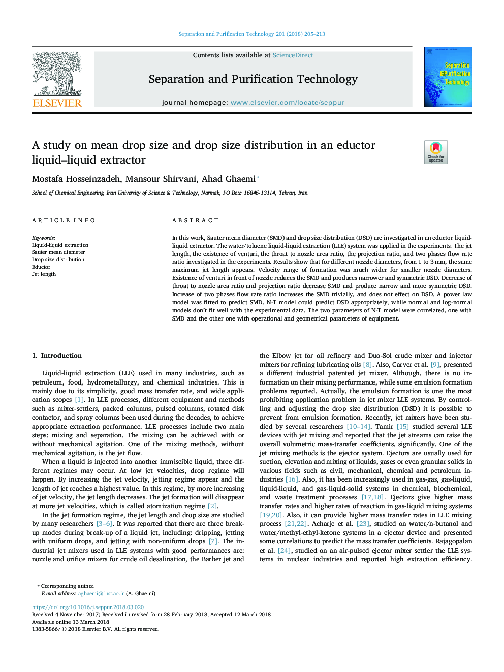 A study on mean drop size and drop size distribution in an eductor liquid-liquid extractor