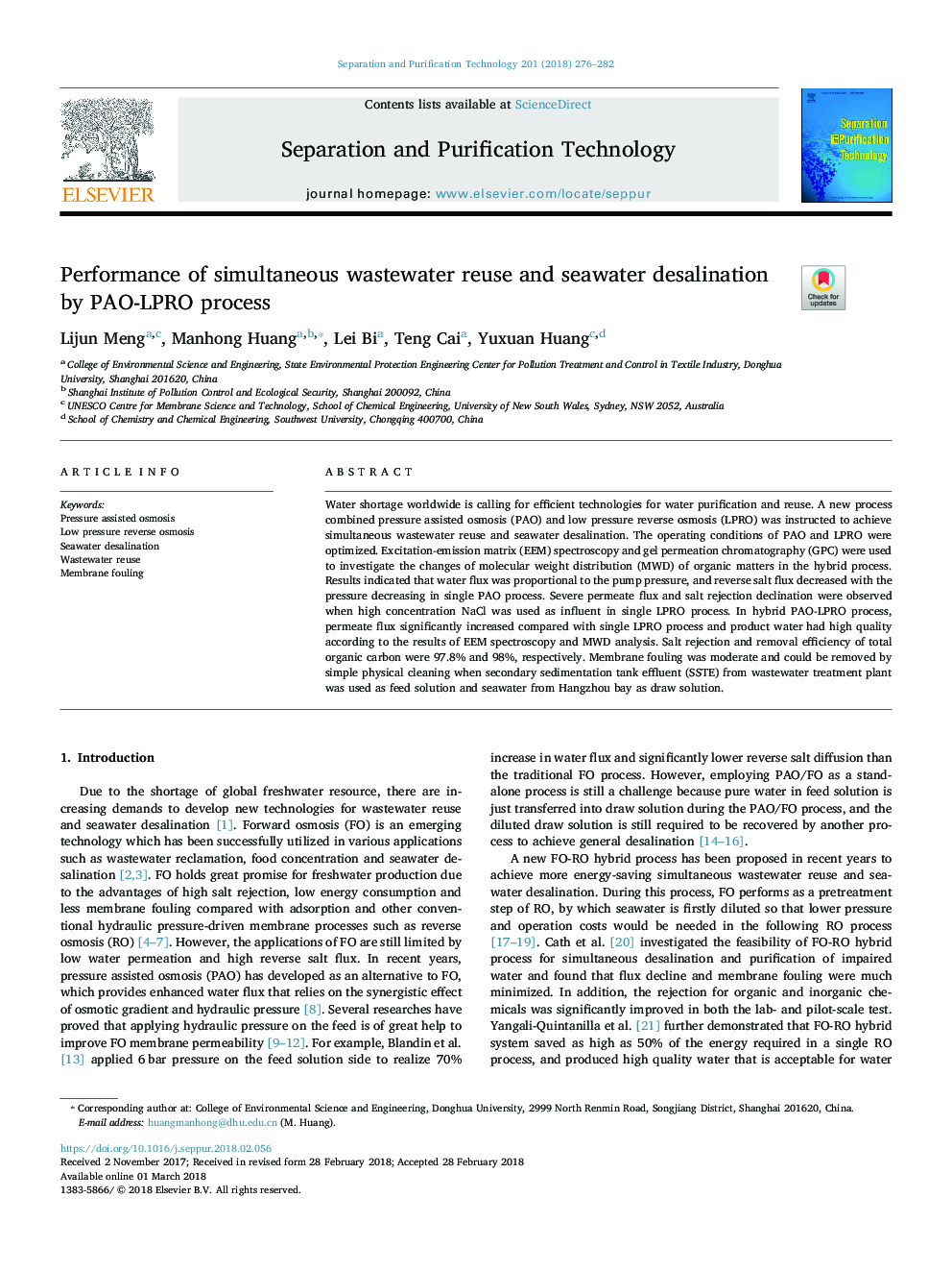 Performance of simultaneous wastewater reuse and seawater desalination by PAO-LPRO process