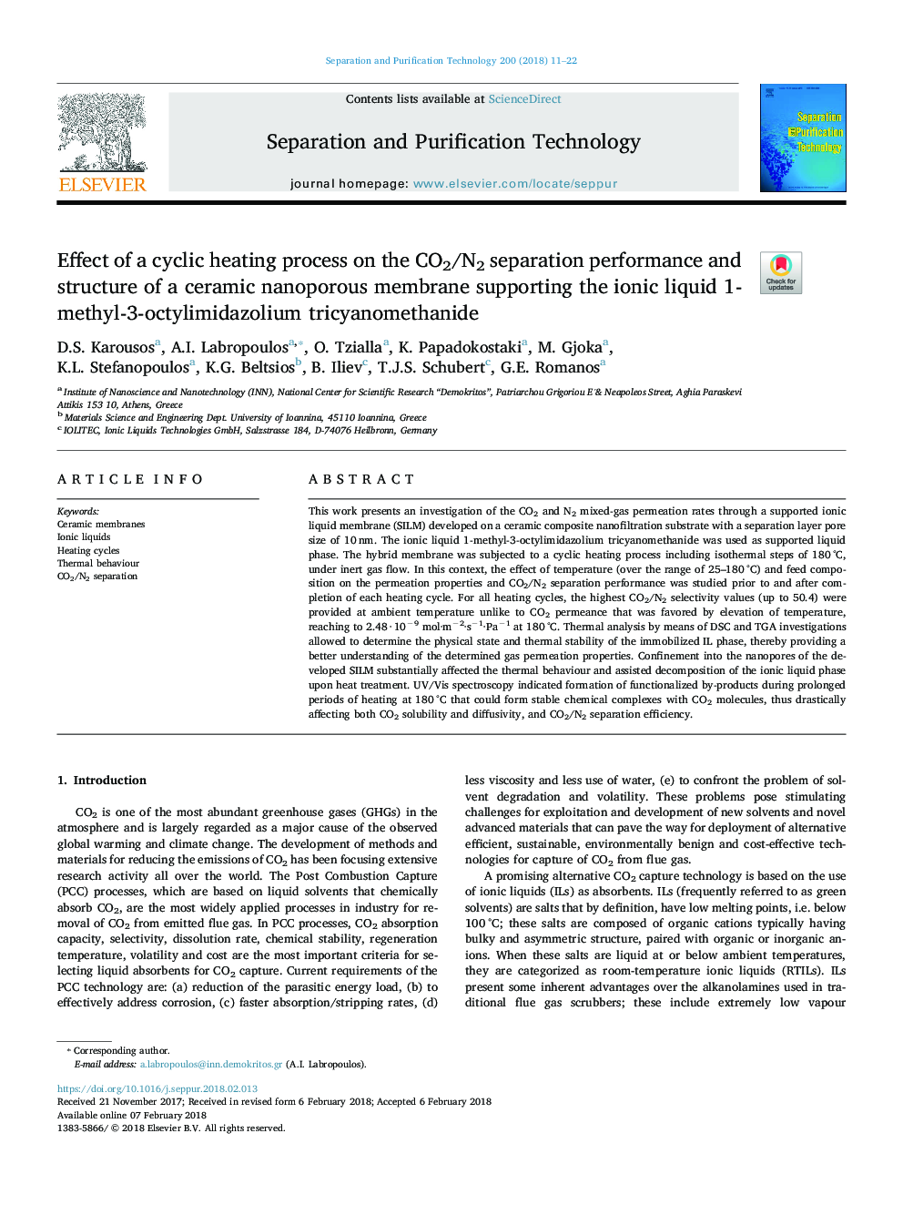 Effect of a cyclic heating process on the CO2/N2 separation performance and structure of a ceramic nanoporous membrane supporting the ionic liquid 1-methyl-3-octylimidazolium tricyanomethanide