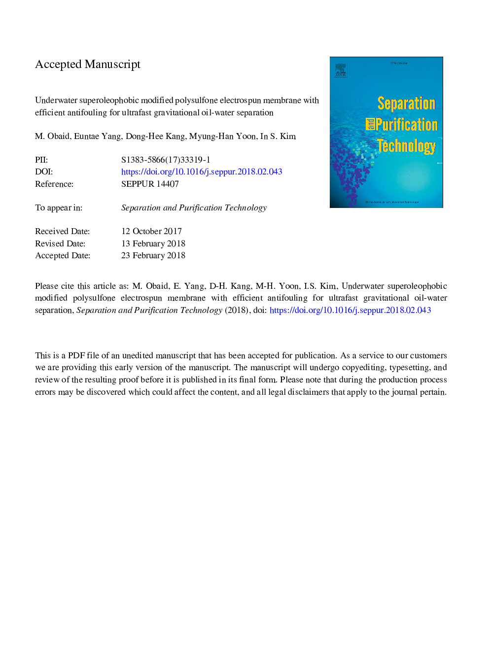 Underwater superoleophobic modified polysulfone electrospun membrane with efficient antifouling for ultrafast gravitational oil-water separation