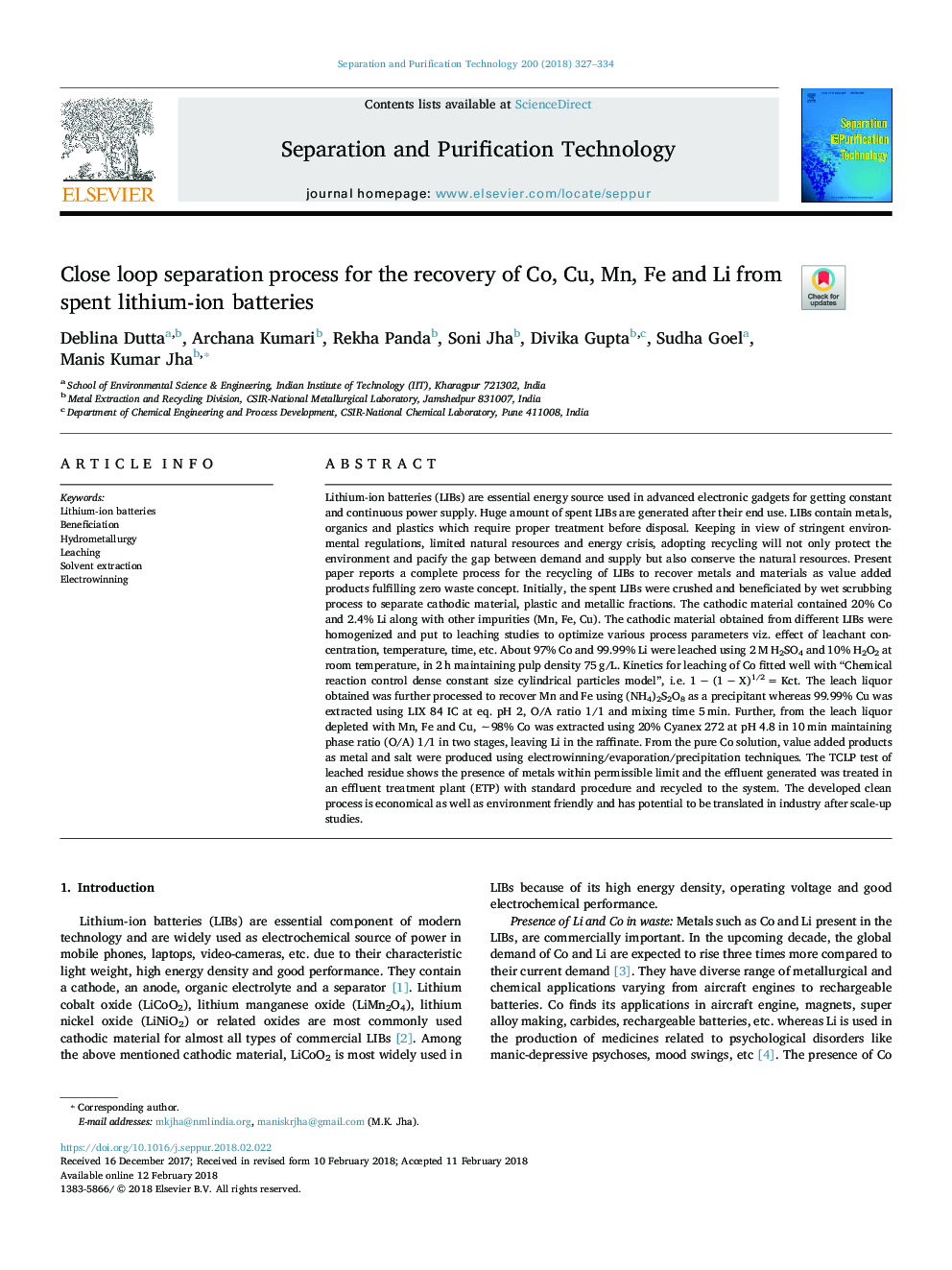 Close loop separation process for the recovery of Co, Cu, Mn, Fe and Li from spent lithium-ion batteries