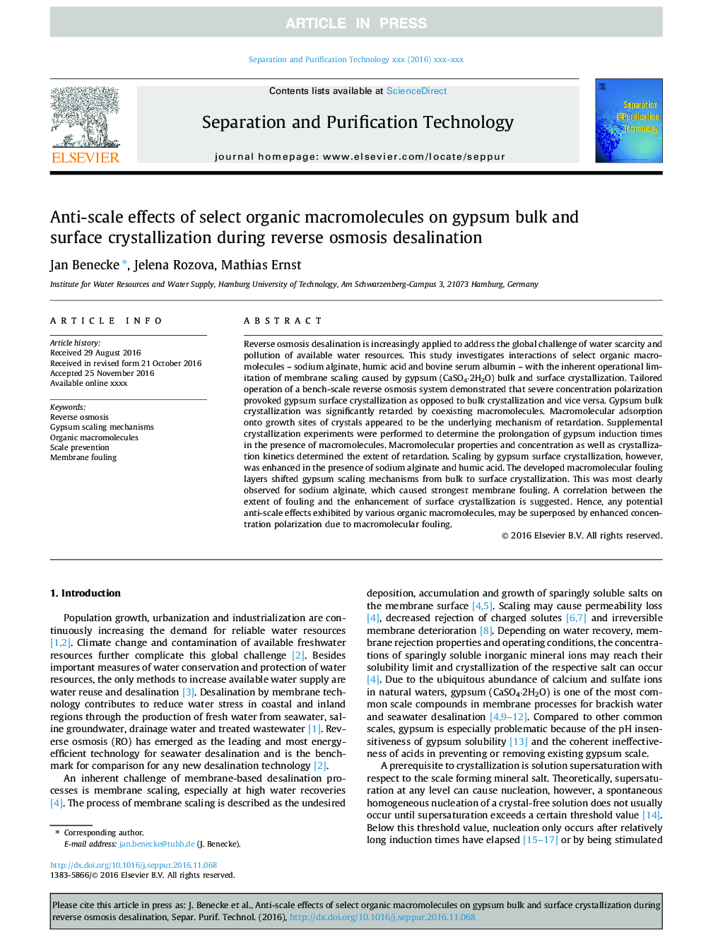 Anti-scale effects of select organic macromolecules on gypsum bulk and surface crystallization during reverse osmosis desalination