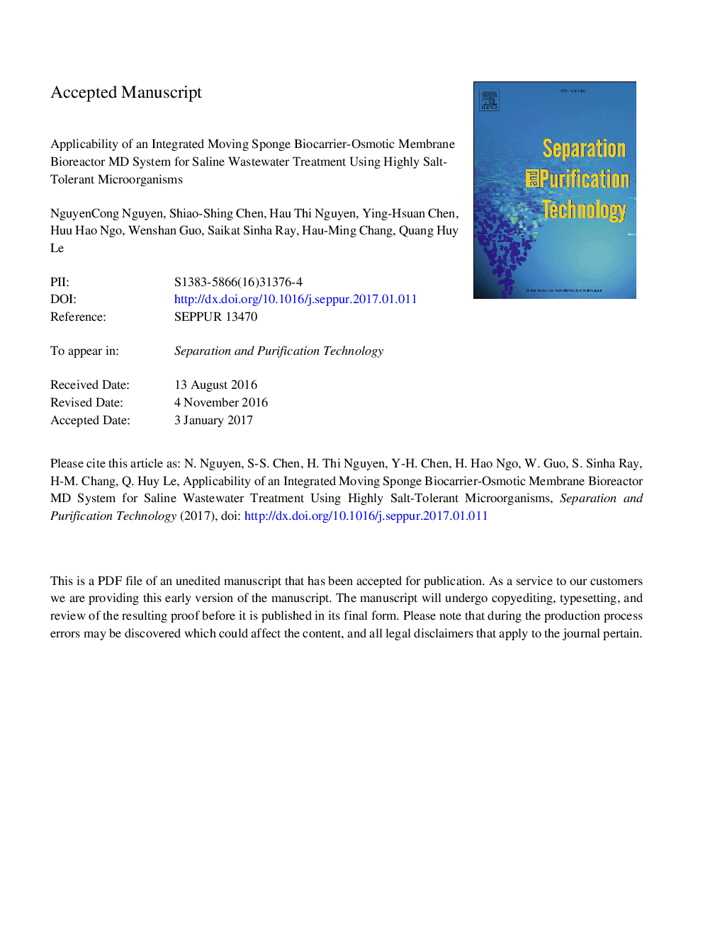 Applicability of an integrated moving sponge biocarrier-osmotic membrane bioreactor MD system for saline wastewater treatment using highly salt-tolerant microorganisms