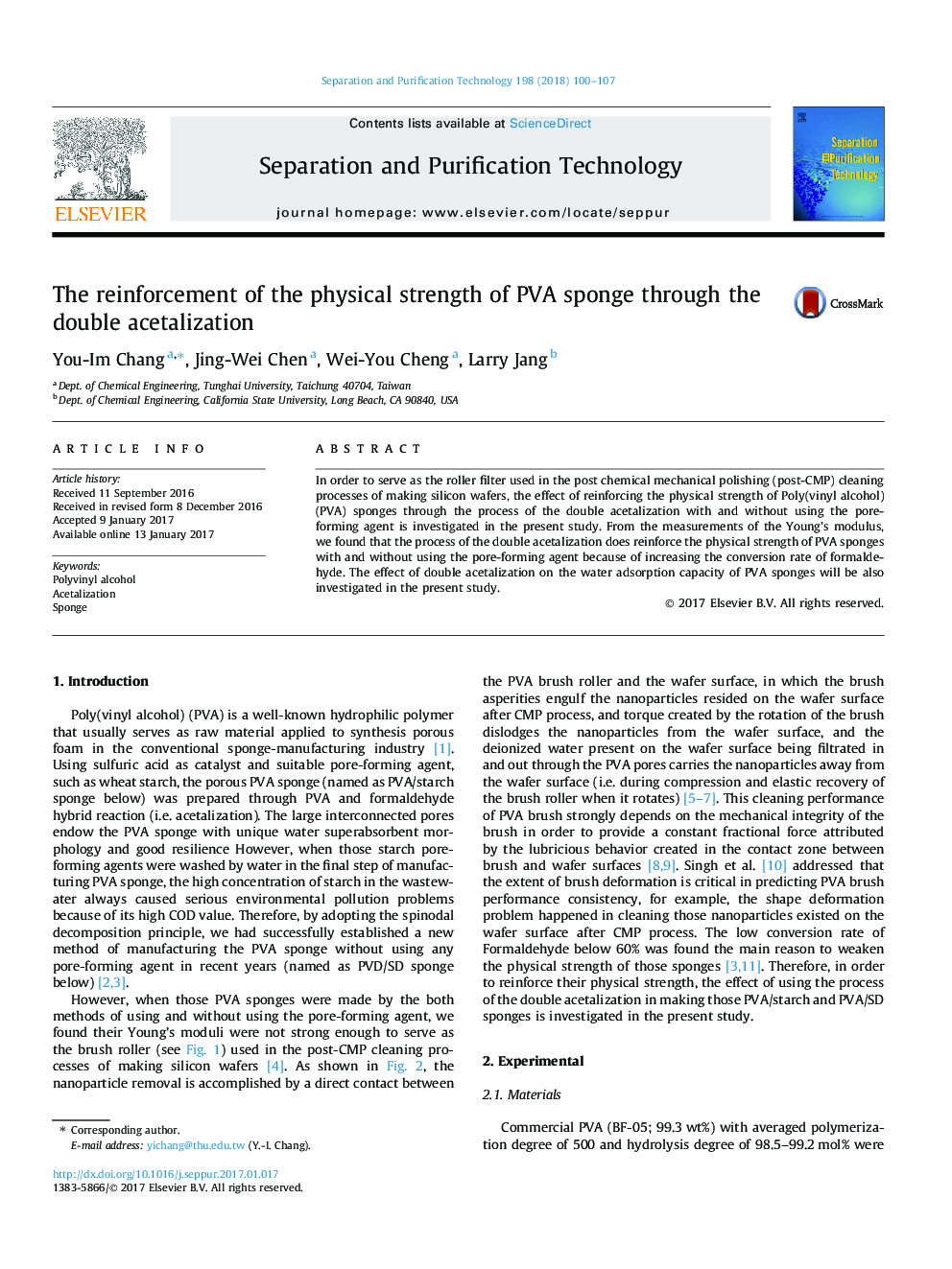 The reinforcement of the physical strength of PVA sponge through the double acetalization